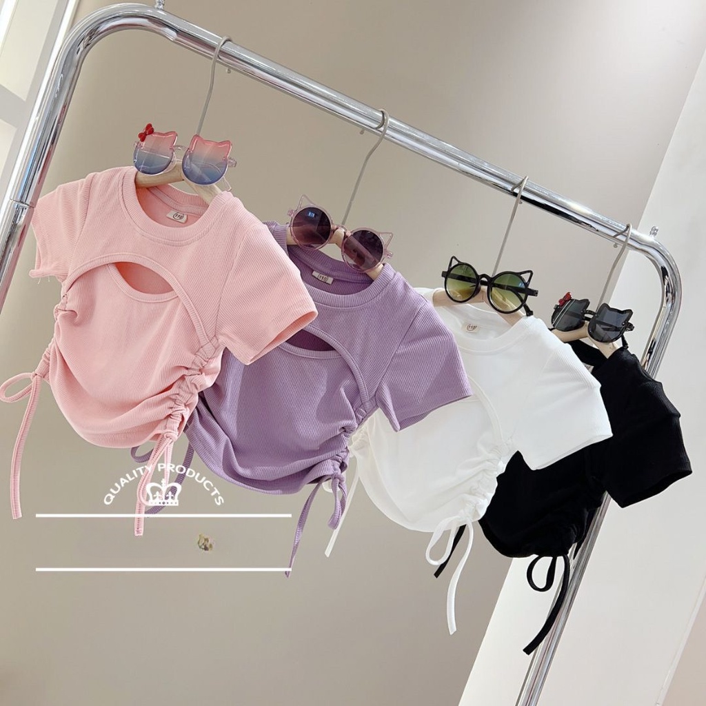 Áo Thun Tay Ngắn Vải Cotton Màu Trơn Phối Dây Rút Thời Trang Mùa Hè Cho Bé Gái