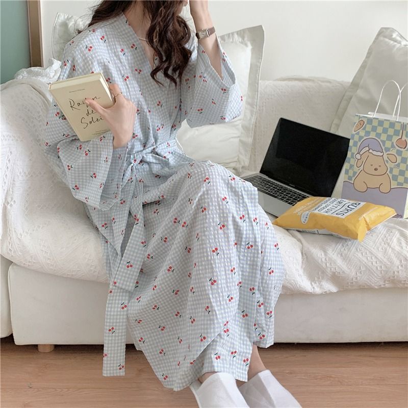 Áo choàng ngủ FDS tay dài họa tiết caro cherry thời trang dễ thương cho nữ
