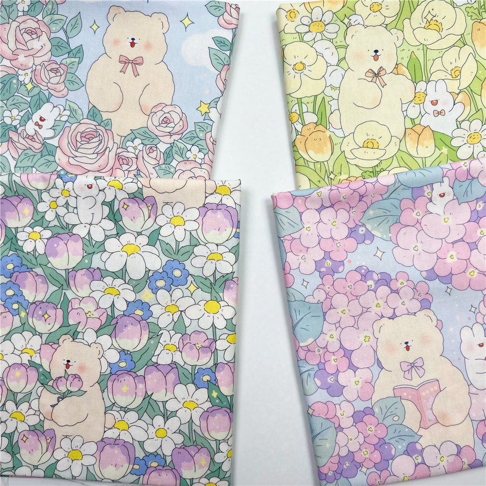 Vải cotton Trơn Họa Tiết Gấu Hoạt Hình Dùng May Vá Thủ Công DIY