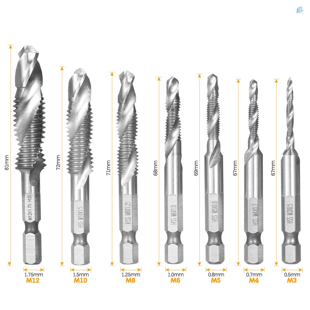 Bộ 7 Mũi Khoan HSS M3-M12 Thay Đổi Nhanh 1 / 4in Đầu Lục Giác