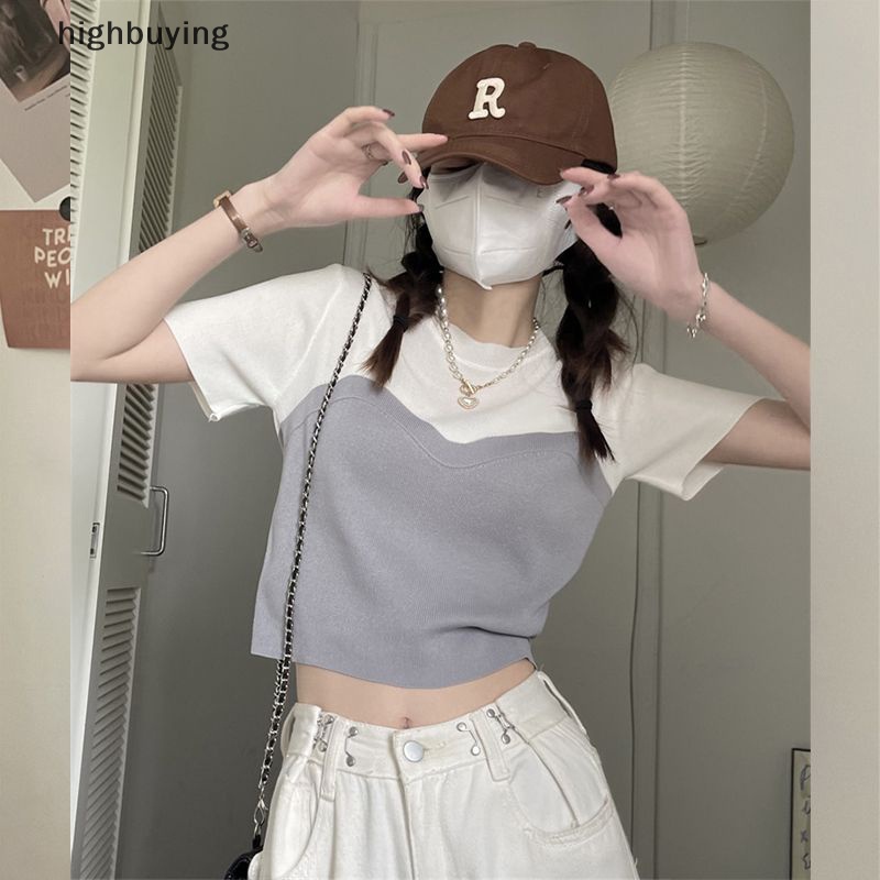 Áo Thun Ngắn Tay Giả Hai Lớp Phong Cách Quyến Rũ Dành Cho Nữ