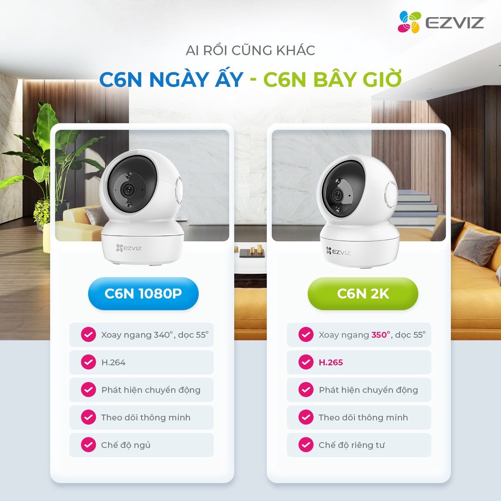 Camera IP WIFI trong nhà xoay 360 Ezviz C6N 1080p 2M, C6N 4MP 2K chính hãng, bảo hành 24 tháng