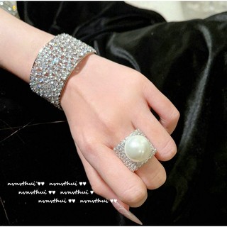 Bộ nhẫn + vòng tay + nhẫn mạ vàng 18k họa tiết tổ ong đính ngọc trai thời trang