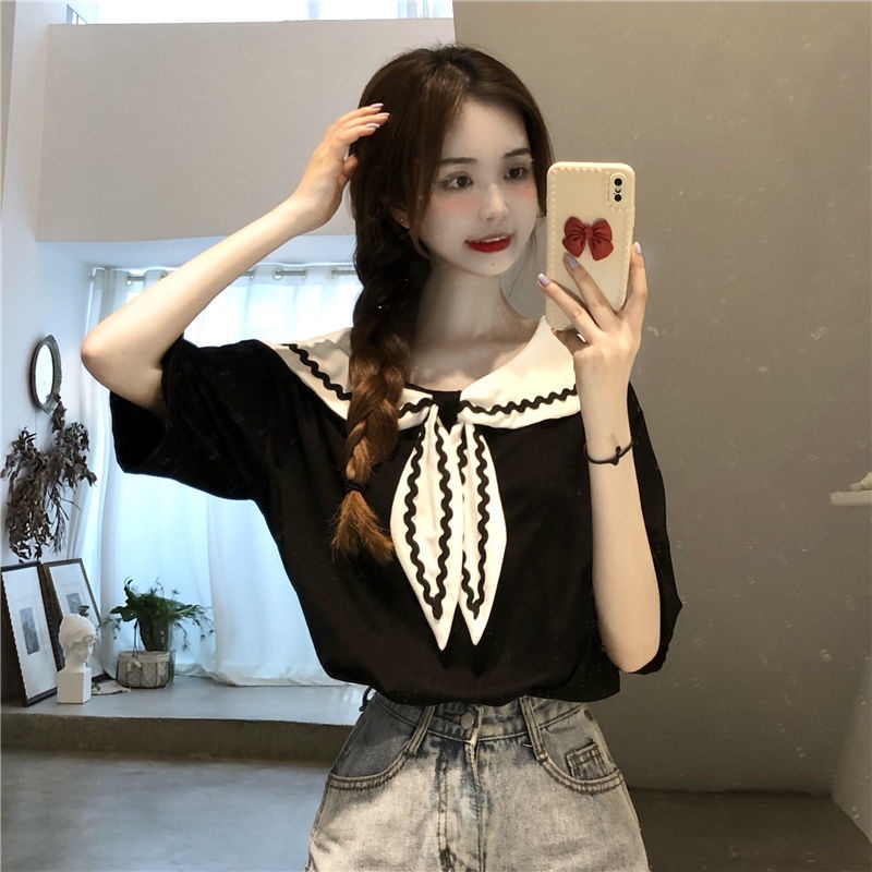 Áo Thun Nữ Ngắn Tay Cổ Thủy Thủ Thiết Kế Mới Ngọt Ngào Phong Cách preppy
