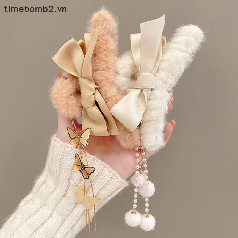 {Timebomb} Kẹp Tóc Càng Cua Dày Đính Nơ Tua Rua Dễ Thương Mùa Đông Cho Nữ