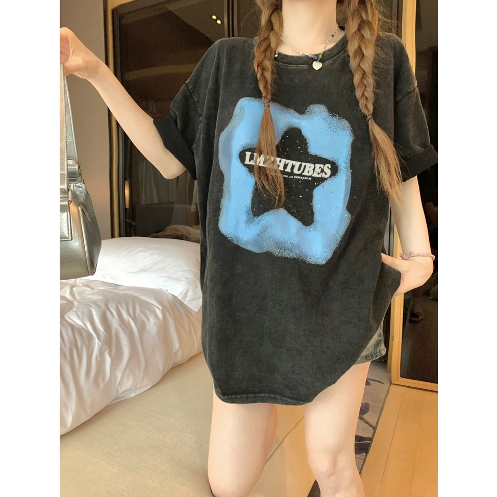 Áo Thun Đen Dáng Rộng In Chữ Và Ngôi Sao Thời Trang Mùa Hè Năng Động