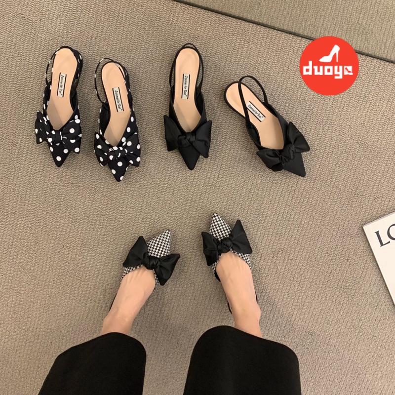 Duoya Giày Sandal Mũi Nhọn Gót Dày Đính Nơ Họa Tiết Chấm Bi Xinh Xắn