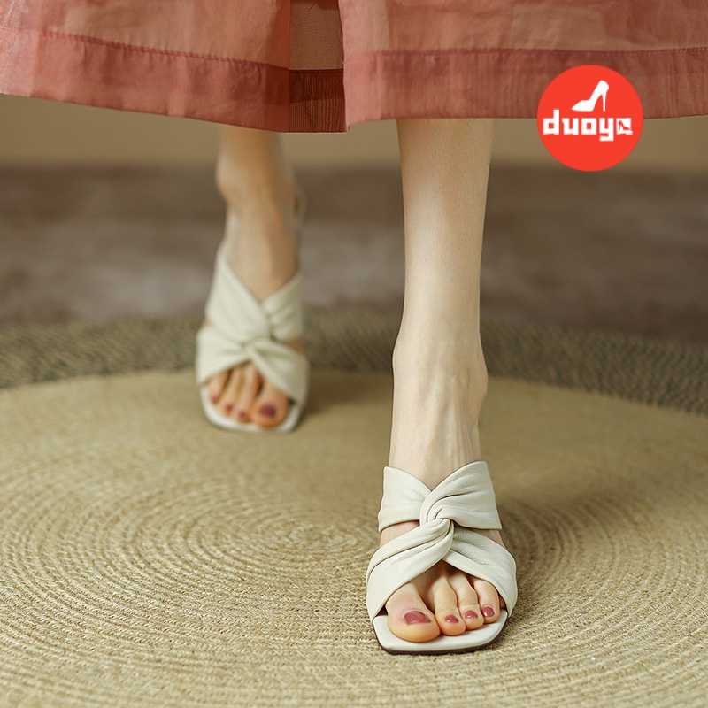 Duoya Tóc Thẳng ~ [Hàng Có Sẵn] Dép Cao Gót Quai Chéo Bằng Da Thật Mềm Mại Dày Dặn Thời Trang Mùa Hè Cho Nữ Miễn Phí Vận Chuyển