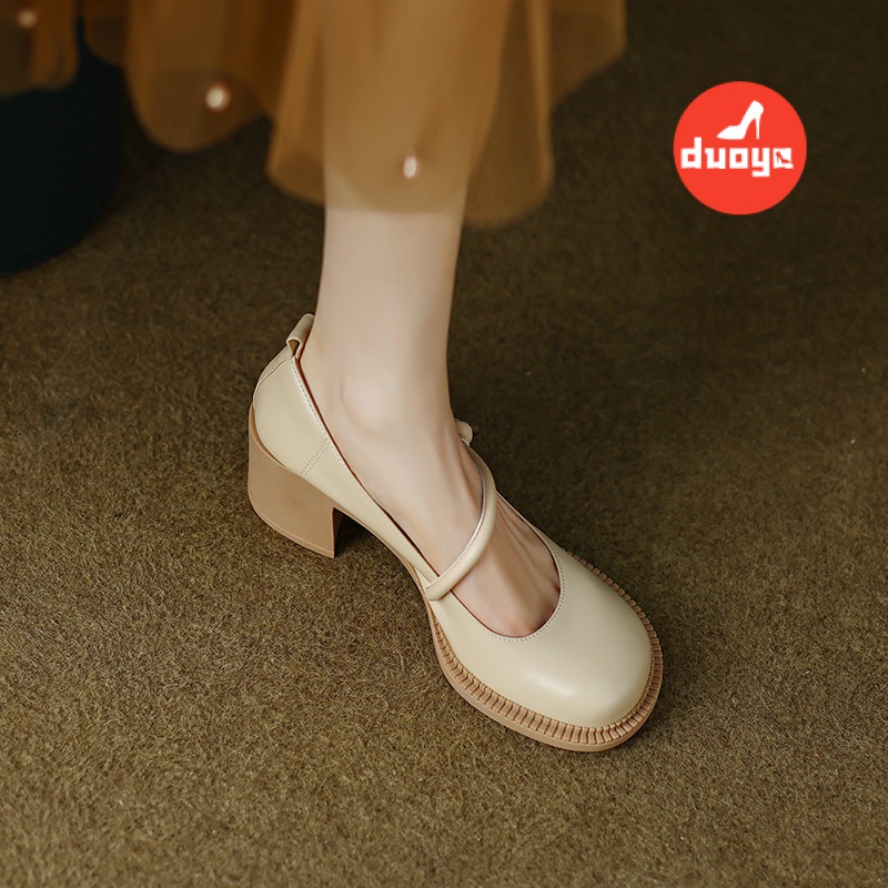 Duoya Tóc Thẳng ~ [Hàng Có Sẵn] Giày Cao Gót Mũi Tròn Bằng Da Thật Mềm Mại Thoải Mái Dễ Phối Đồ Cho Nữ Giới