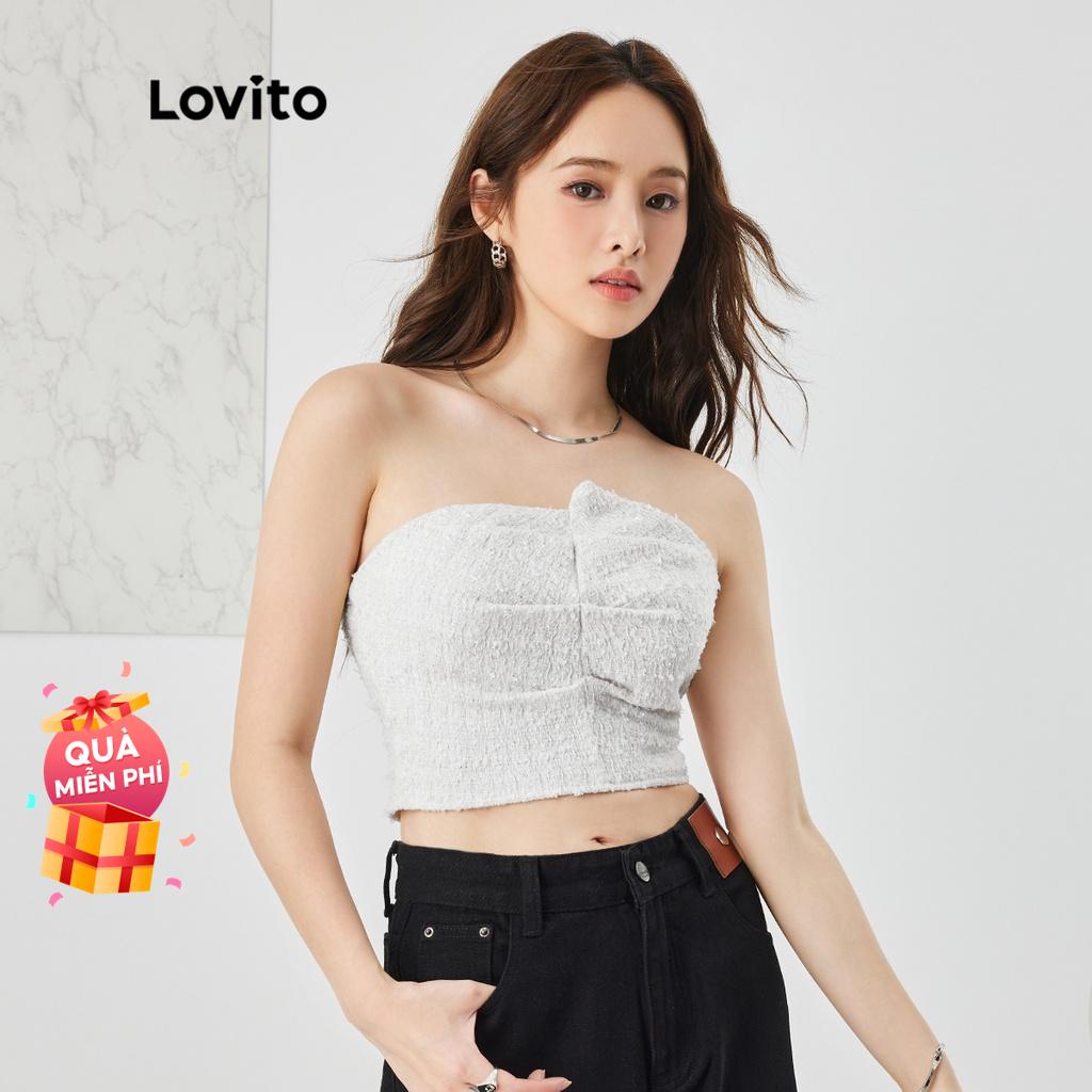 Áo dây vải tuýt Lovito Y2K khóa kéo một bên xếp nếp móng tay cơ bản cho nữ L47AD016 (màu trắng)