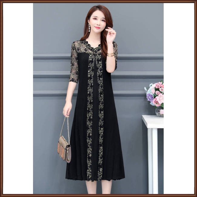 Đầm Dáng Rộng Cổ Chữ V Phối Lưới In Họa Tiết Xinh Xắn Thời Trang Cho Nữ