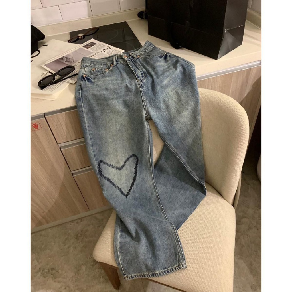 Quần Jeans Ống Rộng Thêu Hình Trái Tim Phong Cách Mới Mùa Hè Cho Nữ