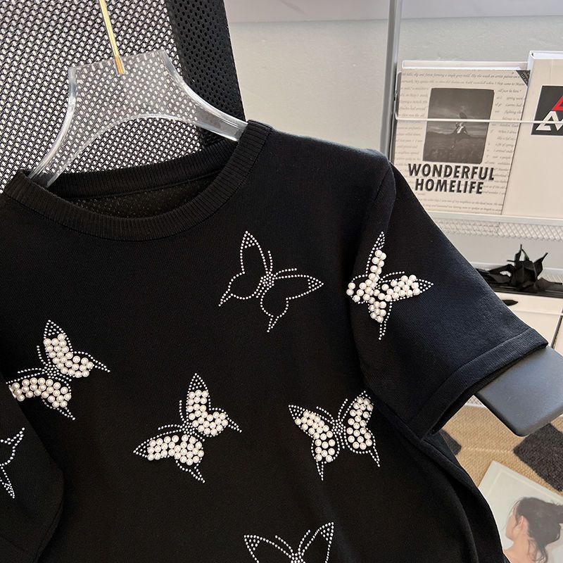 Áo Thun Dệt Kim Tay Ngắn In Hình Bướm Đính Hạt Thời Trang Mùa Hè Cho Nữ