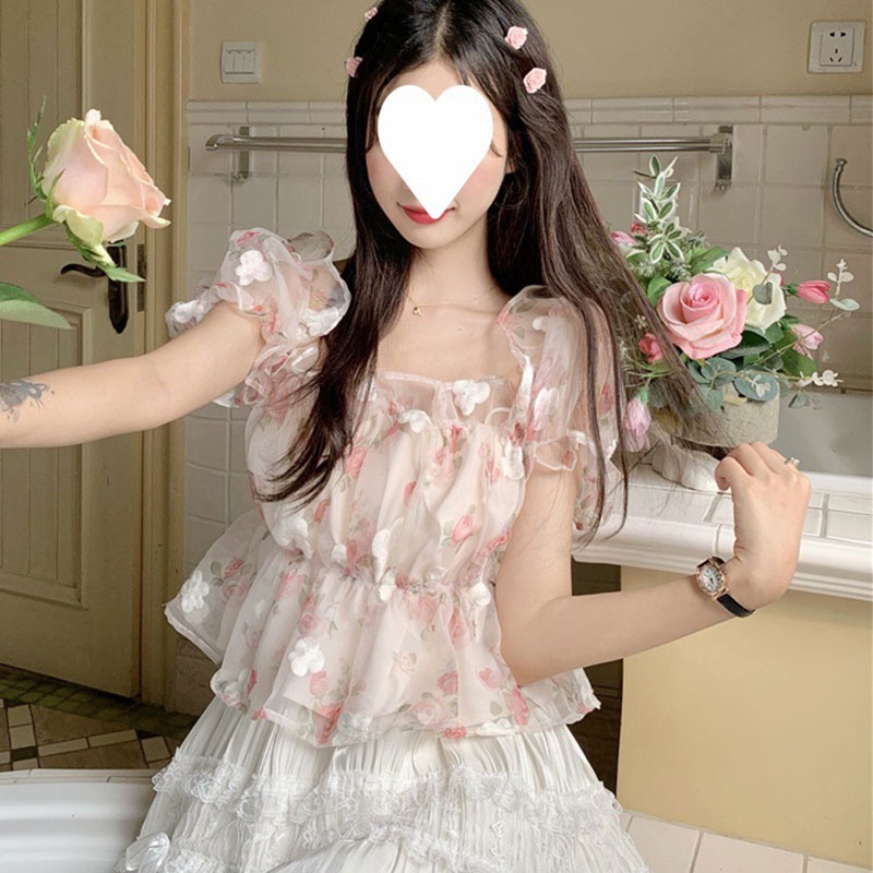 Áo Voan Hoa Tay Phồng Thời Trang 2023 Dành Cho Nữ