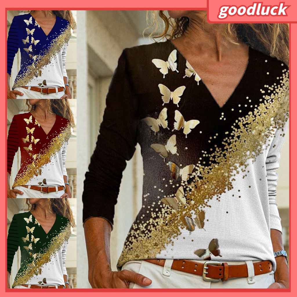 Áo Thun Nữ Tay Dài Cổ Chữ V In Hình Bướm Thời Trang