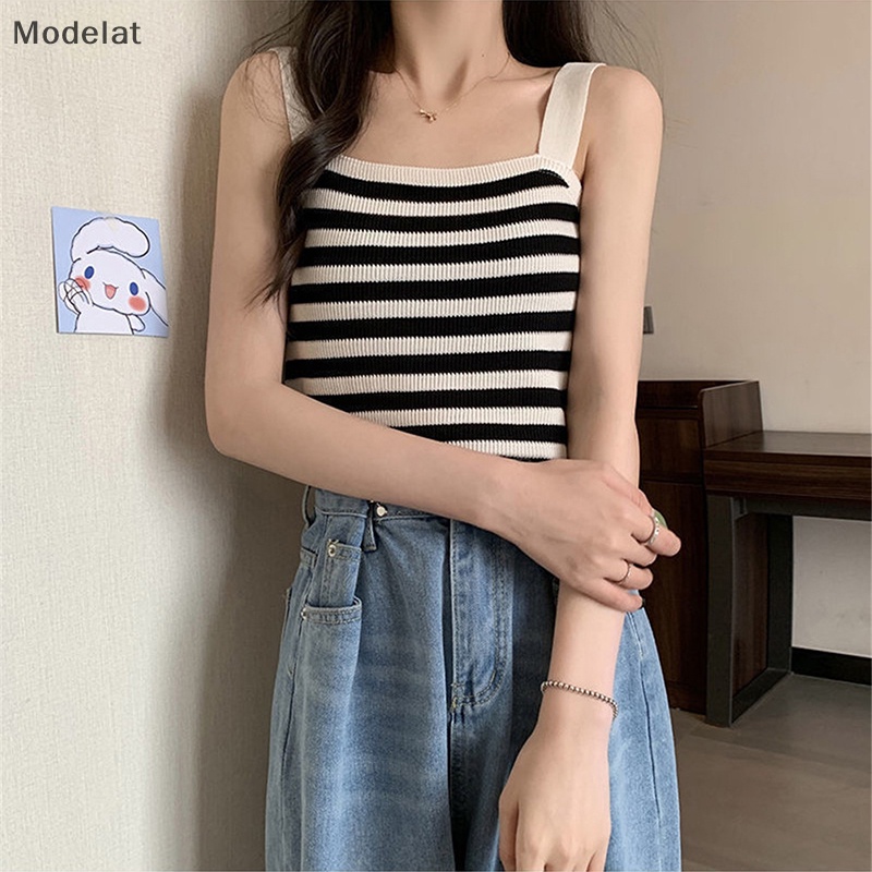 Áo Dệt Kim Hai Dây Dáng Ôm In Họa Tiết Kẻ Sọc Phong Cách Vintage Thời Trang Mùa Hè Cho Nữ