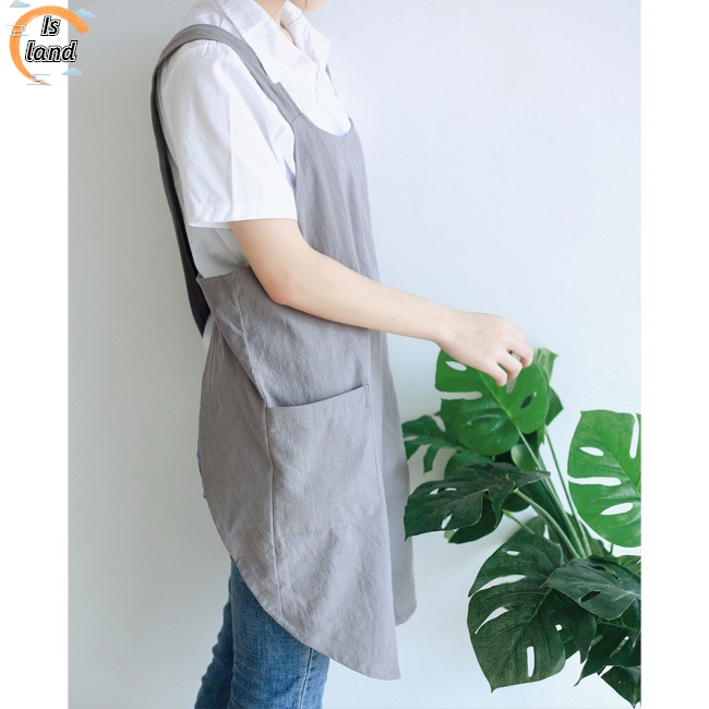Tạp Dề Cotton Lanh Màu Trơn Dây Chéo Có Túi 2 Ngăn Phong Cách Nhật Hàn Đơn Giản Cho Nữ