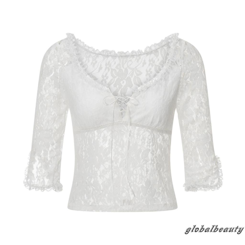 Áo Thun Tay 3 / 4 Phối Ren Xuyên Thấu Thời Trang Mùa Hè Cho Nữ