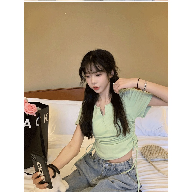 COZOK Áo Thun Ngắn Tay Cổ Chữ V Rút Dây Thời Trang Nữ