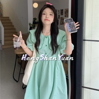 Đầm HENG SHAN YUAN chữ A tay phồng cổ búp bê họa tiết sọc caro ngọt ngào thời trang cho phụ nữ trung niên