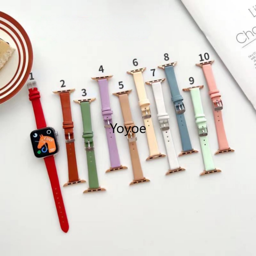 Dây Đeo Đồng Hồ Bằng Da Màu Kẹo Mỏng 49mm Series 8 7 41mm / 45mm Correa 38mm / 42mm Cho iWatch SE 6 5 4 3 40mm / 44mm