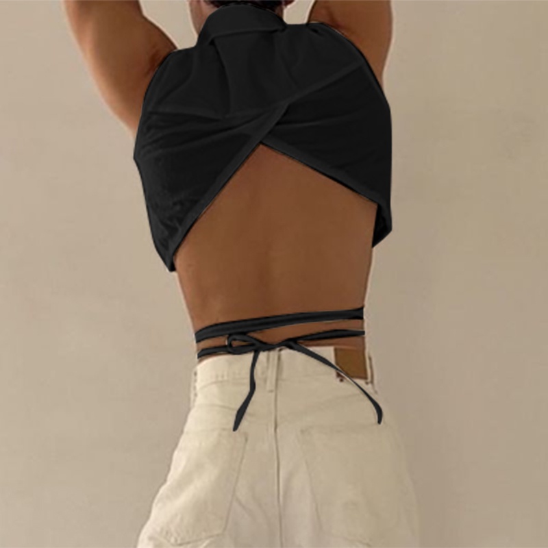 Áo INCERUN dáng ngắn màu trơn thiết kế dây đan chéo thời trang cá tính