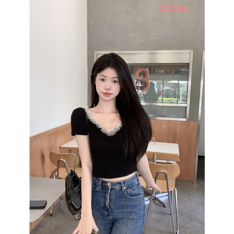 Áo Kiểu Cổ Vuông Phối Ren Thời Trang Mùa Hè Xinh Xắn Cho Nữ