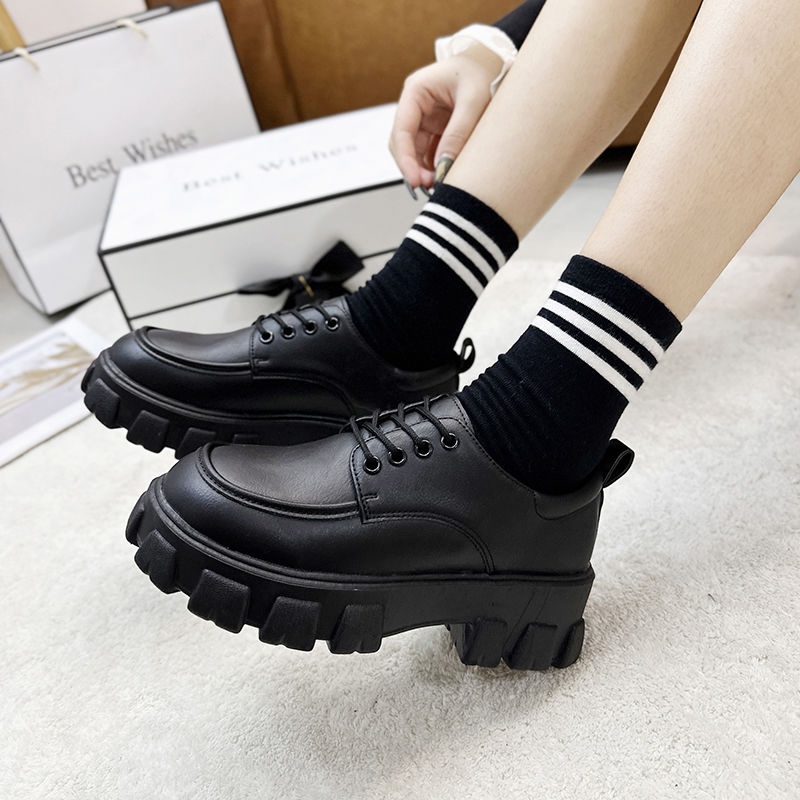 Cộng với kích thước giày nữ 35 kích thước - 43 kích thước giày dày đế giày nhỏ màu trắng English phong cách giày nữ tròn đầu dây buộc giày JK đơn giày