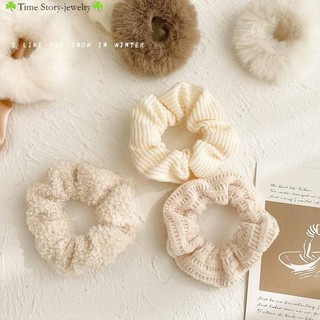 Dây Buộc Tóc Cao Su Phối Vải Lông Màu Đỏ Cá Tính Đơn Giản