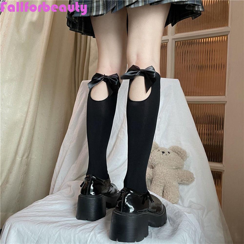 Fallforbeauty Vớ Ống Lửng Bằng Nylon Mỏng Đính Nơ Phong Cách Gothic Hàn Quốc Độc Đáo Cho Nữ