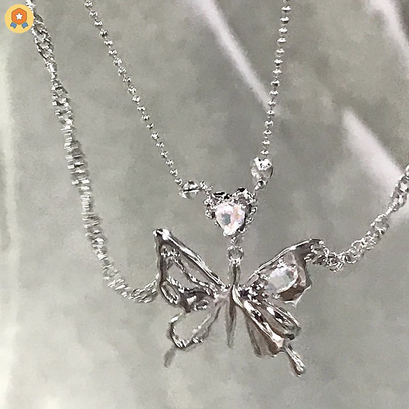 Vòng cổ Hai Lớp Mặt Hình Trái Tim Và Bướm Phong Cách Hip Hop Kpop Cho Nữ HGF HYJP2