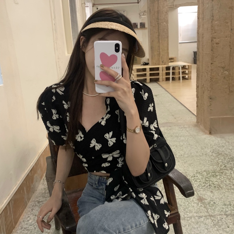 SUXI Áo Sơ Mi Chiffon Tay Ngắn Dáng Ôm In Họa Tiết Thắt Nơ Kiểu Vintage Xinh Xắn