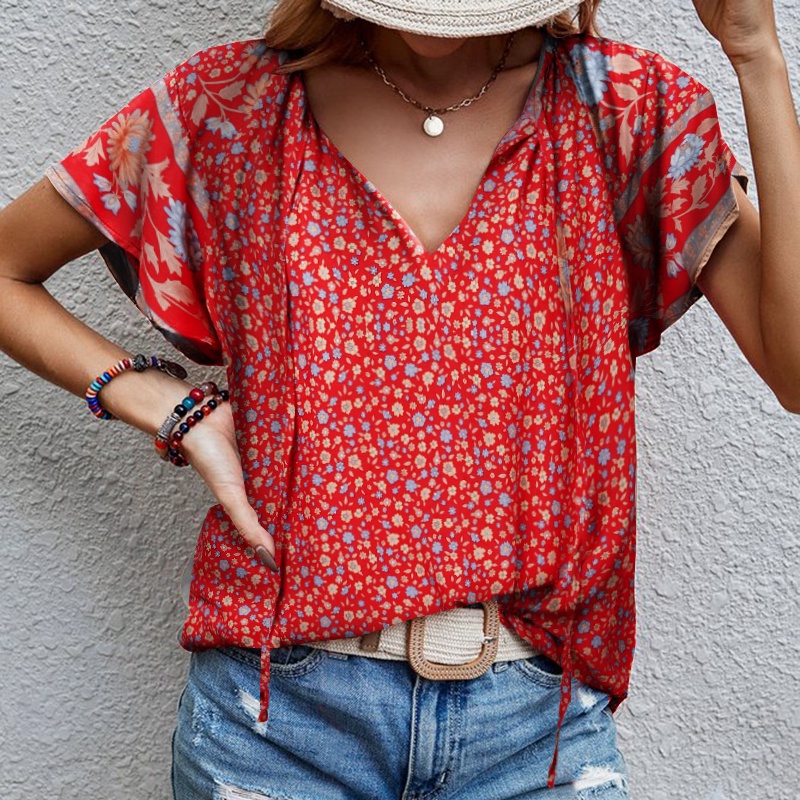 Áo kiểu nữ ZANZEA cổ V tay xếp nếp in hoa thời trang