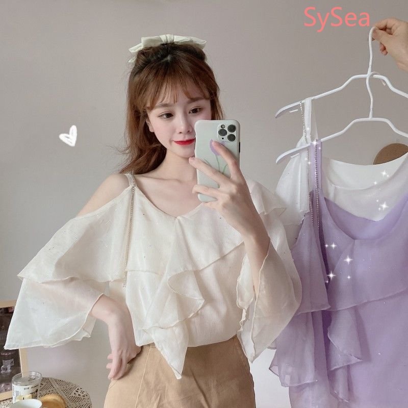 Áo Sơ Mi Voan Cổ Tim Trễ Vai Xinh Xắn Dành Cho Nữ