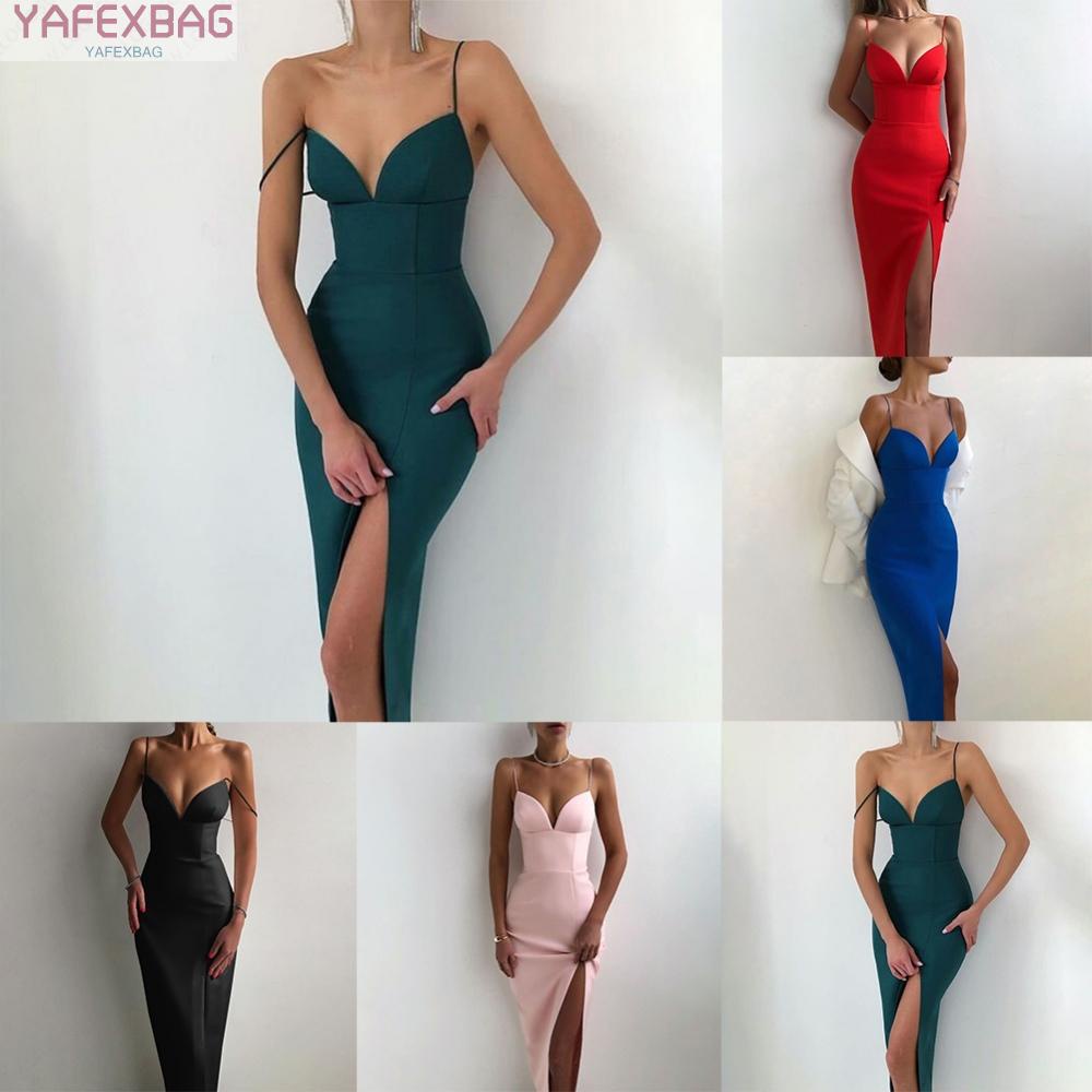 Đầm Hai Dây Cổ Chữ V Dáng Ôm Màu Trơn Thời Trang Mùa Hè Quyến Rũ Cho Nữ