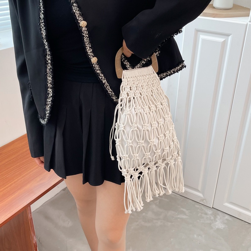 Túi Lưới cotton Dệt Tay Cầm Bằng Gỗ Đan Tay Có Dây Tua Rua Rỗng Đi Biển Cho Nữ