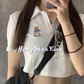 Áo polo ngắn tay ôm dáng họa tiết gấu dễ phối đồ dành cho nữ