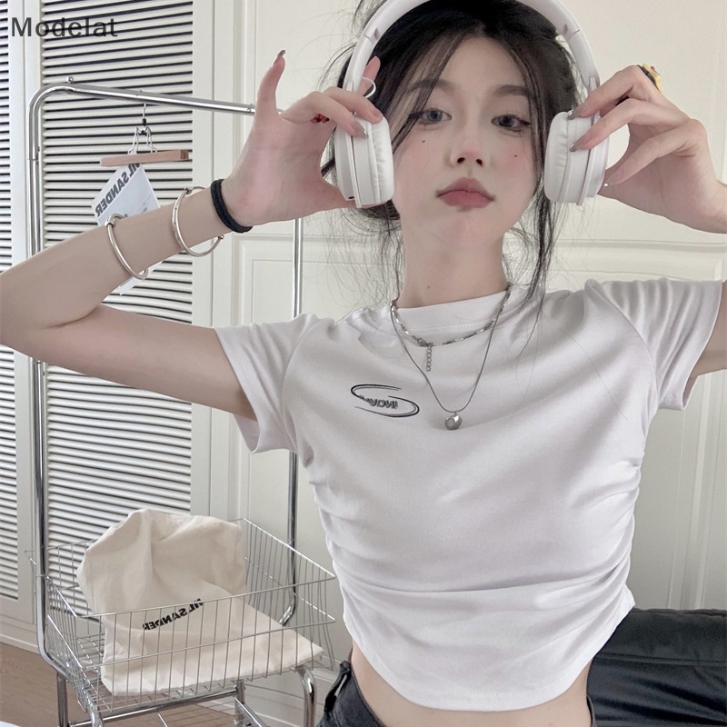 Áo Croptop Tay Ngắn Cổ Tròn In Chữ Quyến Rũ Thời Trang Cho Nữ