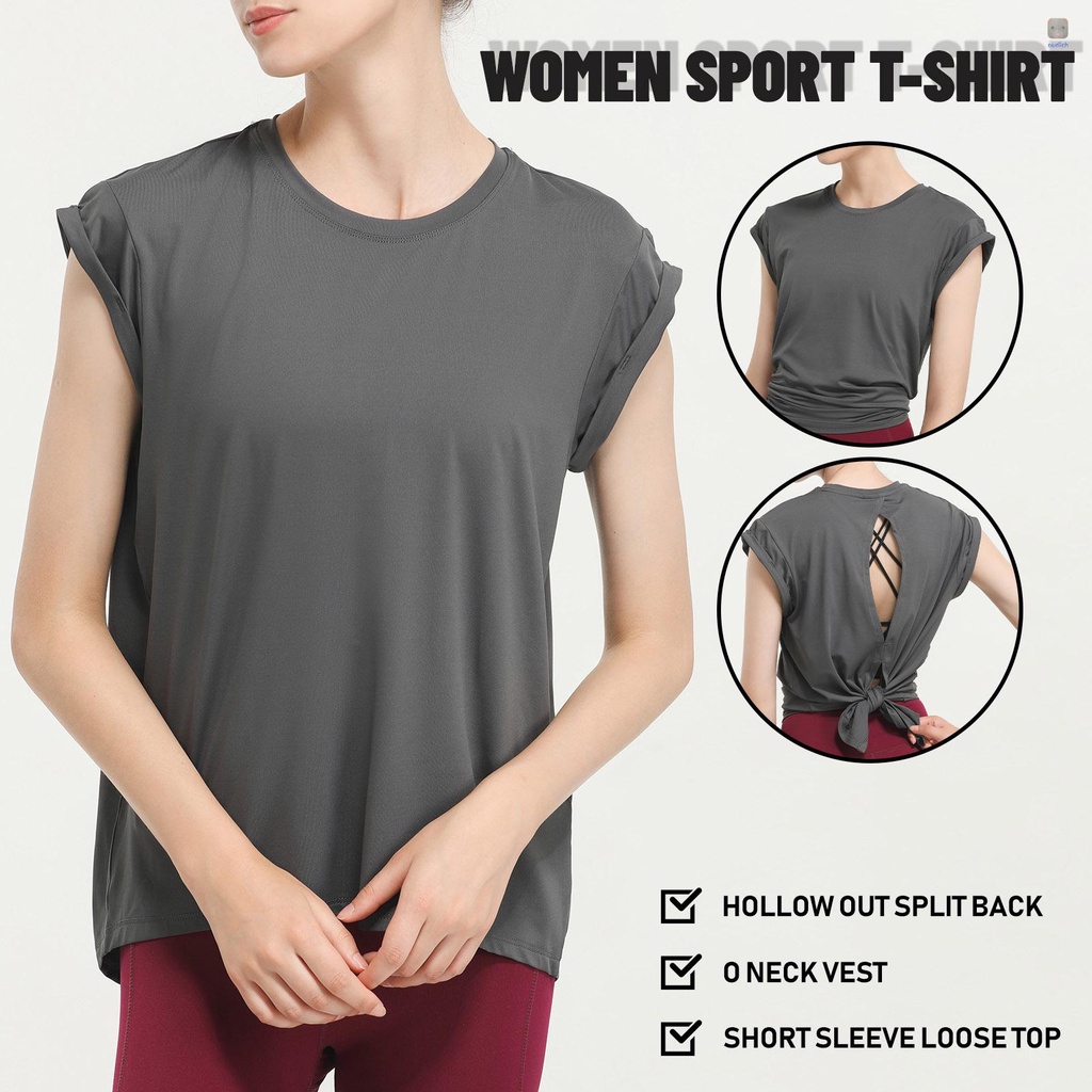 Áo Thun Thể Thao Ngắn Tay Cổ Tròn Hở Lưng Khô Thoáng Nhanh Cho Nữ