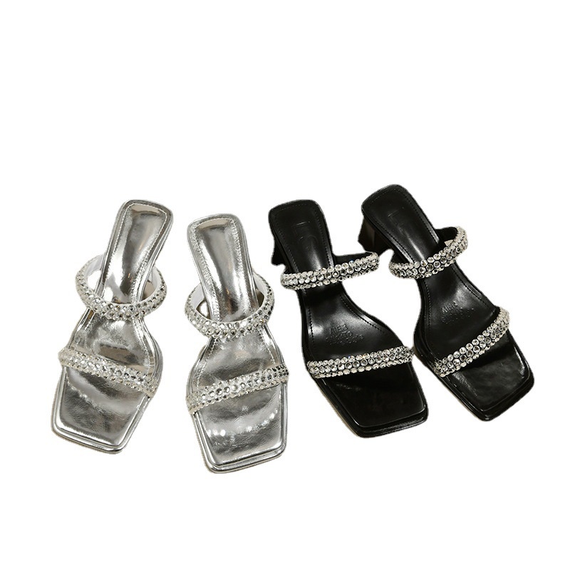 Duoya Tóc Thẳng ~ [Hàng Có Sẵn] Giày Cao Gót Sandal Hở Ngón Đế Dày Quai Đính Đá Rhinestone Dễ Phối Đồ Cho Nữ Miễn Phí Vận Chuyển