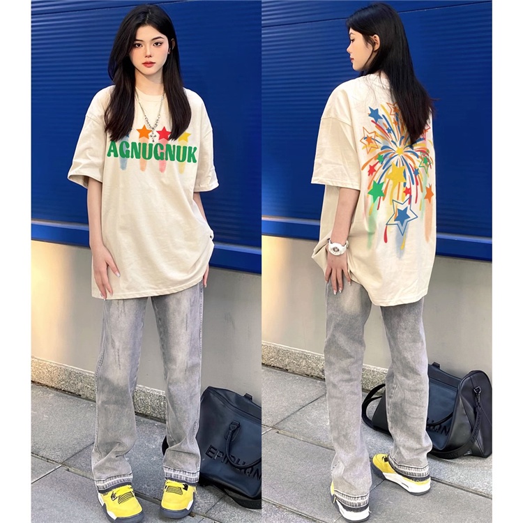 Áo thun NRVP 100% cotton tay ngắn cổ tròn in họa tiết phong cách Hàn Quốc cho nữ