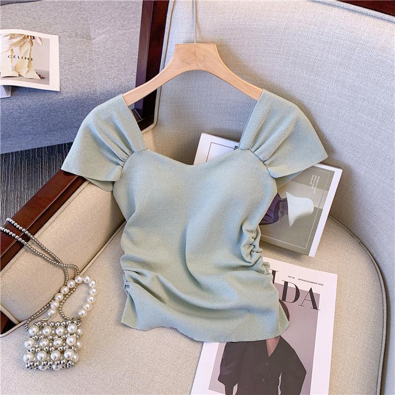 Áo Dệt Kim Tay Ngắn Cổ Vuông Màu Trơn Thời Trang Mùa Hè Xinh Xắn Cho Nữ