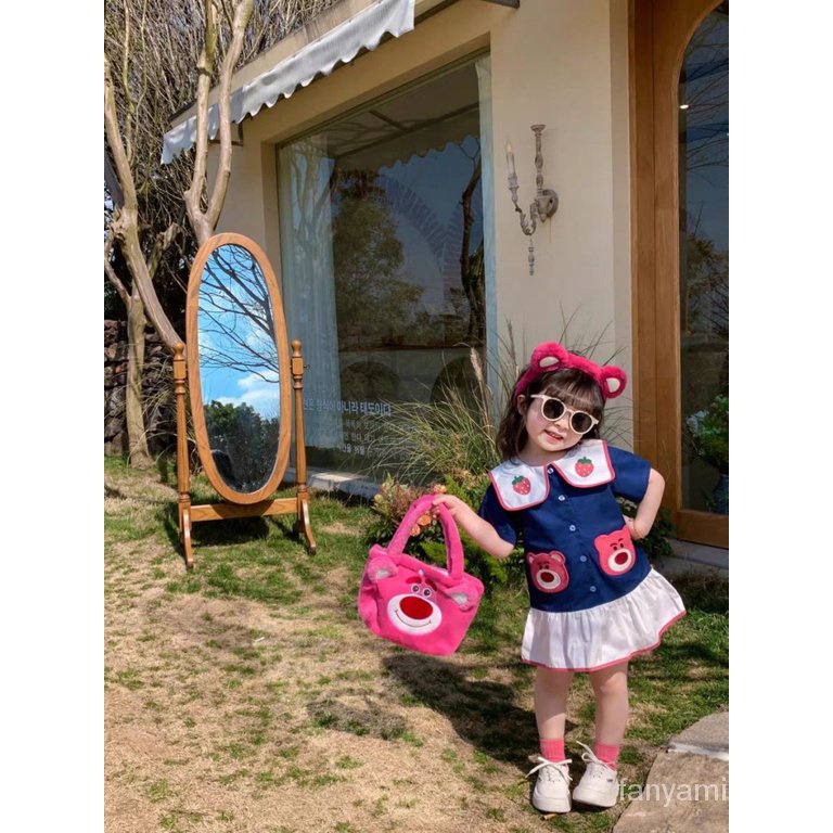 Đầm Tay Ngắn Chất Liệu Cotton Thời Trang Mùa Hè 2023 4AWD Họa Tiết Chú Gấu / Dâu Tây Dễ Thương Cho Bé