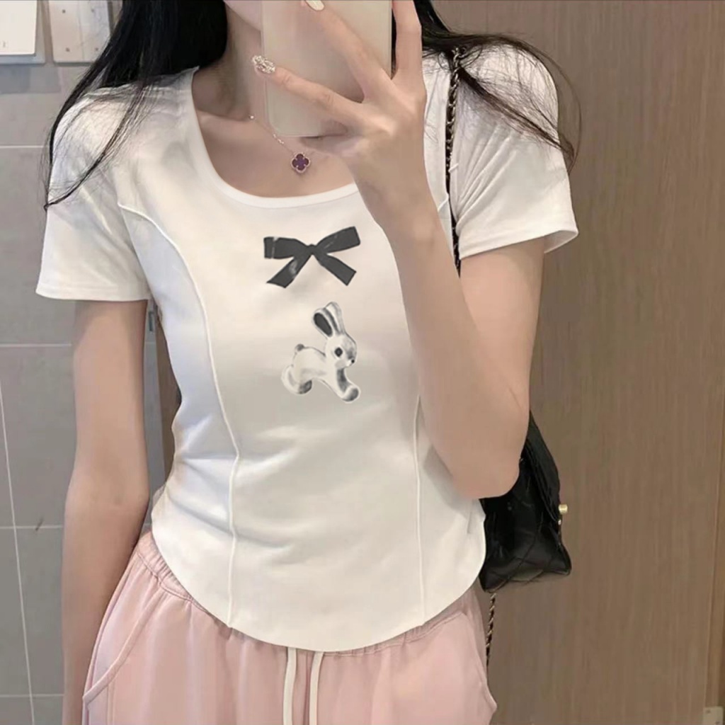 Áo Thun baby tee croptop nữ Cotton Nguyên Chất Cổ Vuông Ngắn Tay Dáng Rộng In Họa Tiết Kiểu Hàn Quốc Thời Trang Mùa Hè Cho Nữ