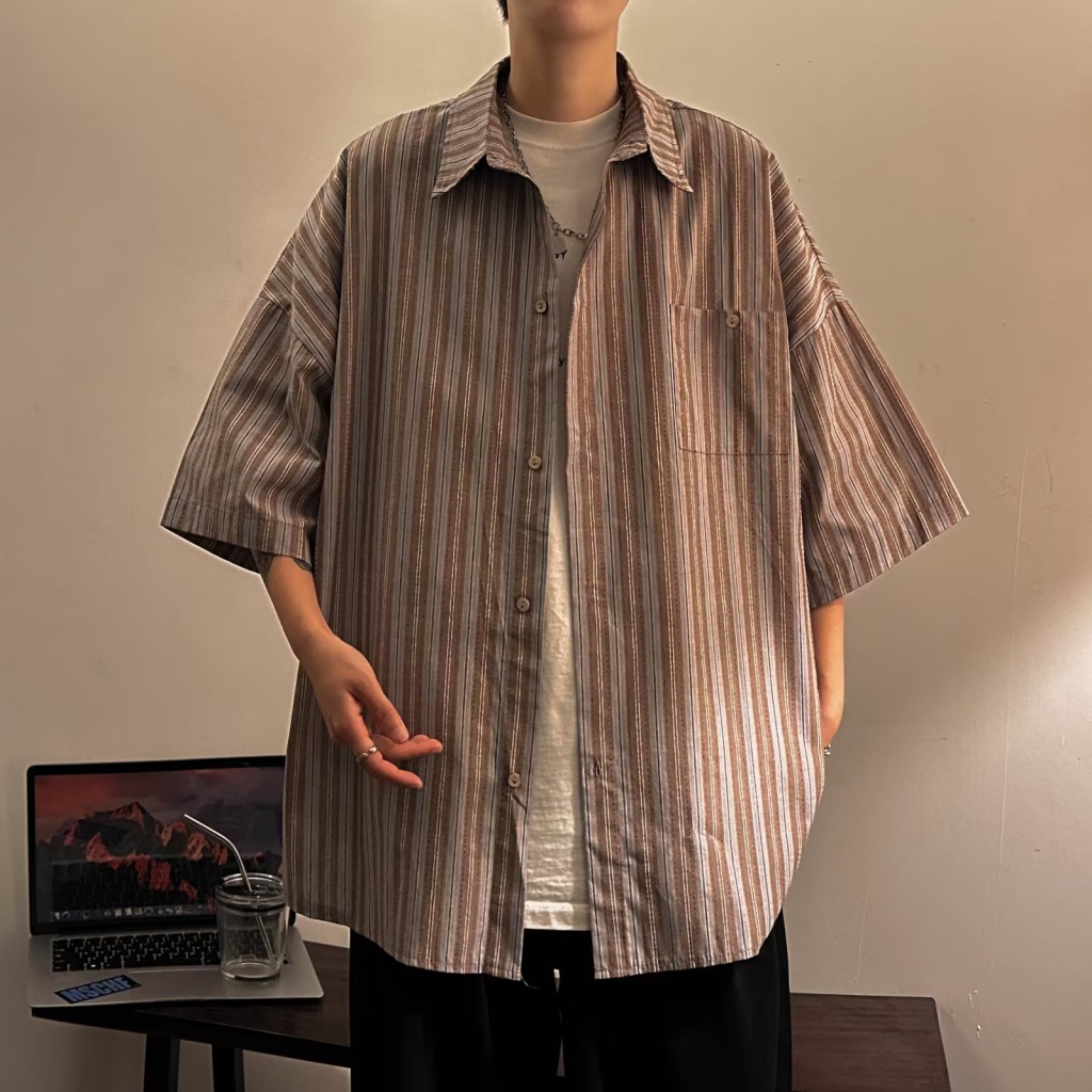 Áo Sơ Mi Tay Lửng Kẻ Sọc Phối Màu Thời Trang Mùa Hè Trẻ Trung Cho Nam