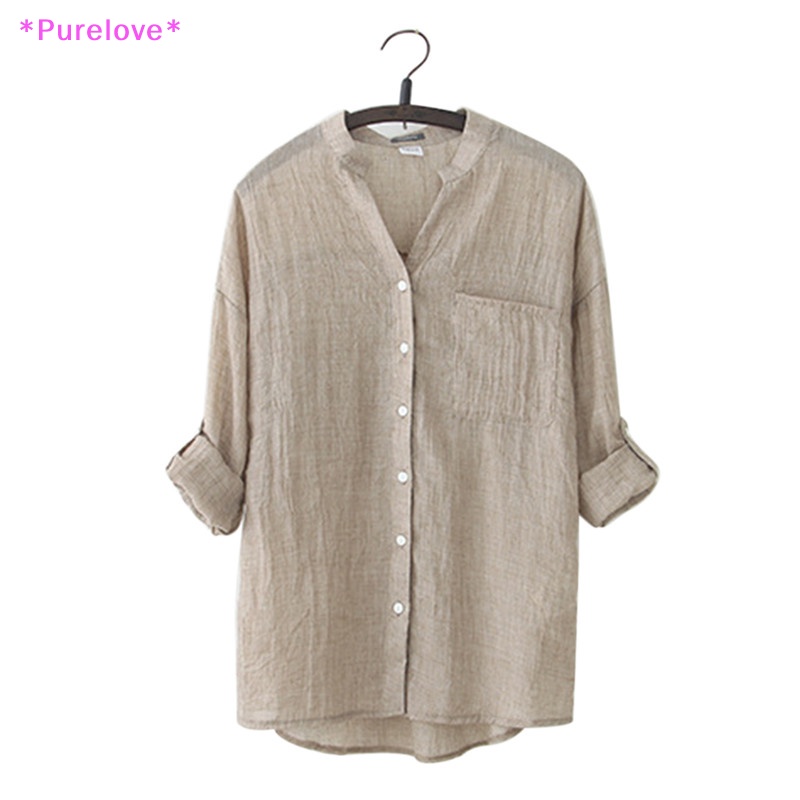 Áo Sơ Mi Vải Lanh Dài Tay Dáng Rộng Phối Nút Thời Trang Mùa Thu Cho Nữ Mới