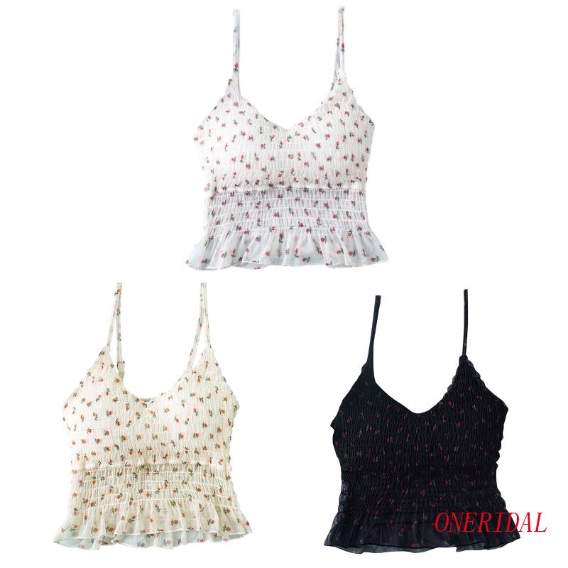 Áo Croptop Hai Dây Không Tay Cổ Chữ V Họa Tiết Hoa Có Đệm Ngực Phối Ren Slin Cho Nữ