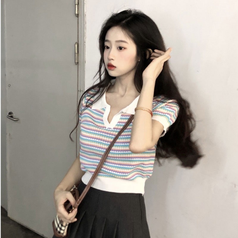 Áo Thun POLO Tay Ngắn Dáng Rộng Màu Tương Phản Thời Trang Mới 2023 Cho Nữ