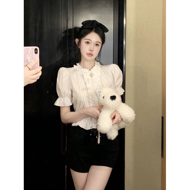 Áo Sơ Mi Tay Ngắn Dáng Ôm Thắt Nơ Phong Cách Pháp Thời Trang Mùa Hè Xinh Xắn Cho Nữ