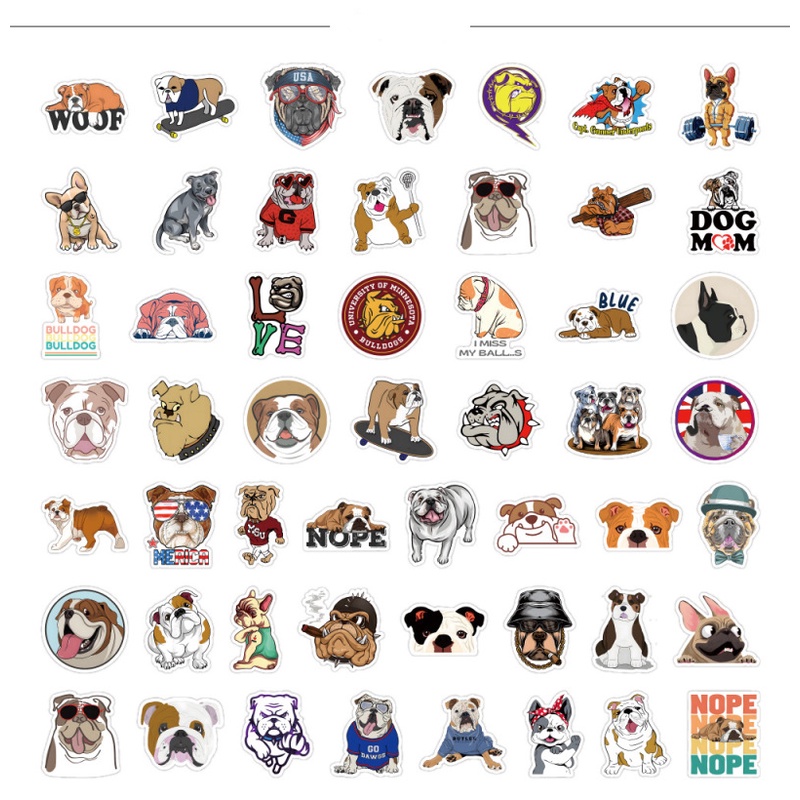 Set 100 Sticker Chống Thấm Nước Hình Chó Bull Dễ Thương Trang Trí Bình Nước Laptop Ván Trượt